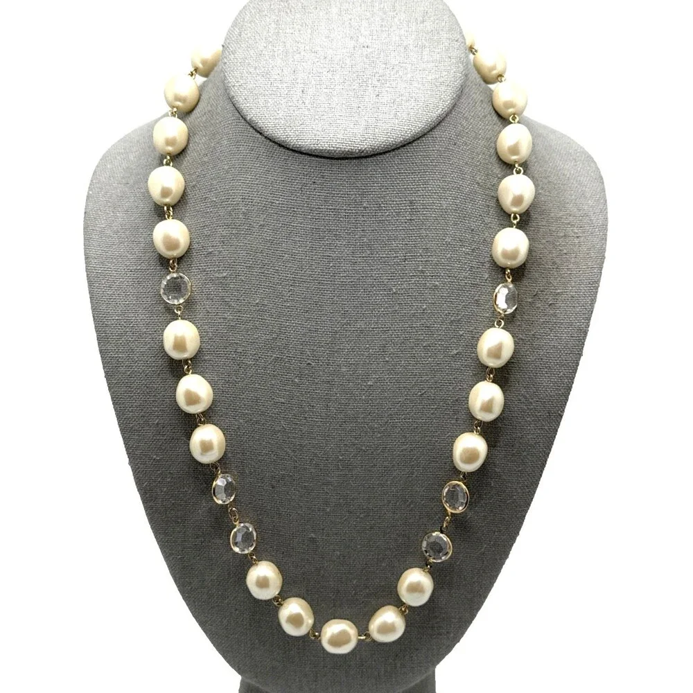 Vintage 80s GIVENCHY Bijoux Faux Baroque Pearl Clear Crystal Bezel Necklace 24